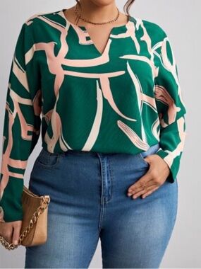 SHEIN Green Abstract Notch-Neck Blouse